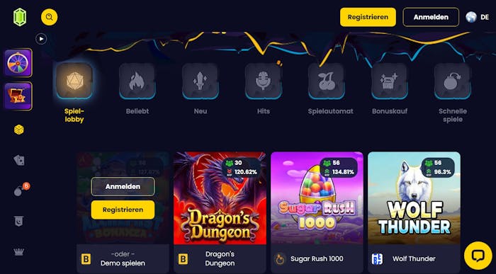 Slotsgem Casino Screenshot mit der Spieleauswahl. Slots wie Wolf Thunder, Dragon's Dungeon und Sugar Rush 1000 sind zu sehen.