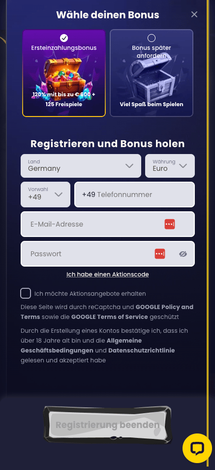 Anmeldeformular im Slotsgem Casino