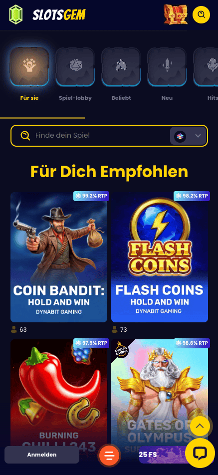 Spiellobby im Slotsgem Casino zeigt Spiele wie Coin Bandit neben anderen Spielkategorien und Suchleiste