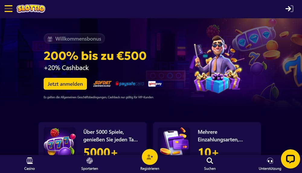 Startseite im Slottio Casino zeigt Willkommensbonus von 200 Prozent bis zu 500 Euro neben anderen Angeboten