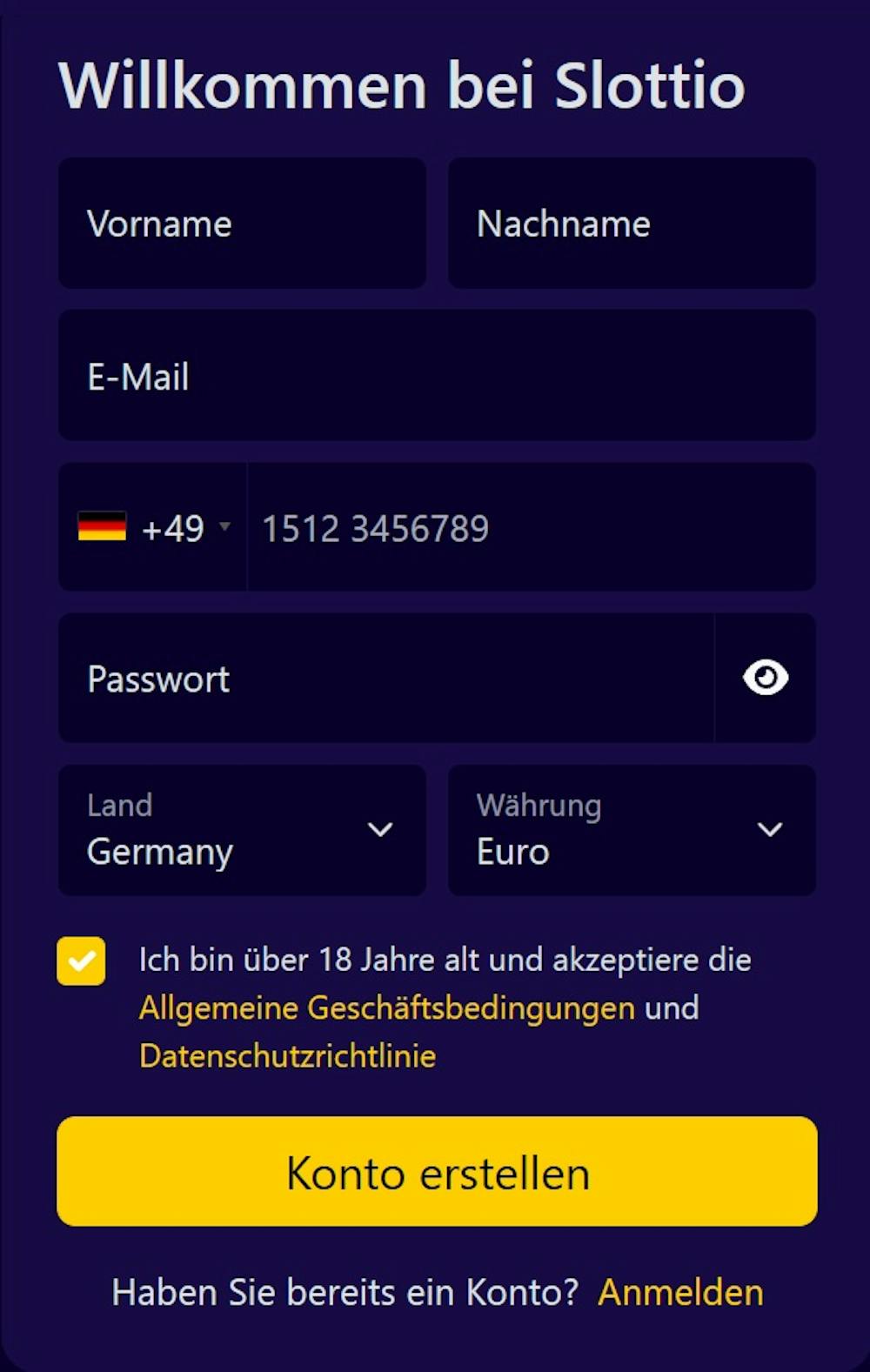 Anmeldeformular im Slottio Casino