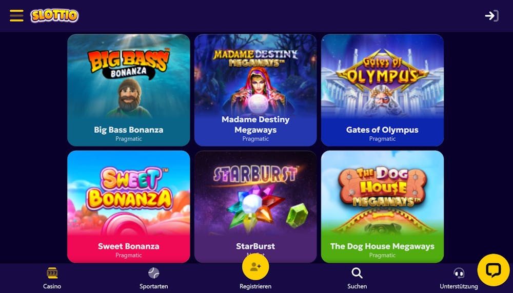 Spiellobby im Slottio Casino zeigt beiebte Slots wie Sweet Bonanza neben anderen Casinobereichen