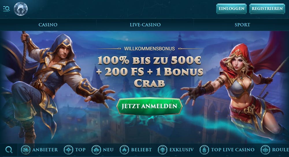 Startseite des Slotuna Casinos mit Bonusbanner, Anmeldebutton, Spielkategorien und Casinobereichen