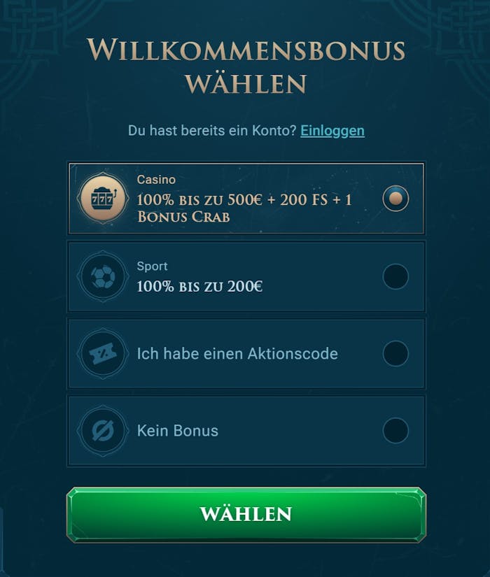 Slotuna Casino Anmeldeformular mit Auswahl von Casino Bonus, Sportwetten Bonus, Aktionscode oder keinem Bonus