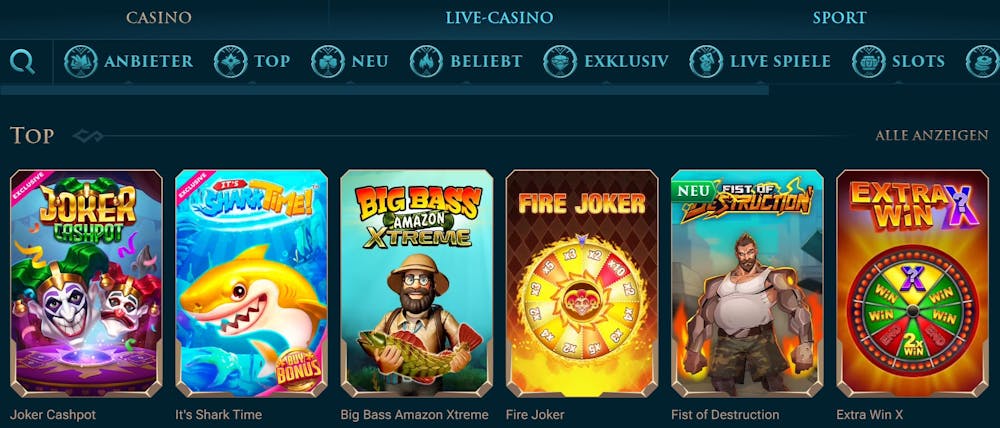 Slotuna Casino Spiellobby mit Spielkategorien und top Spielen