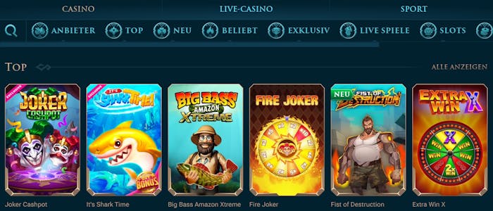 Vista de la selección de juegos de tragamonedas en el lobby de Slotuna Casino