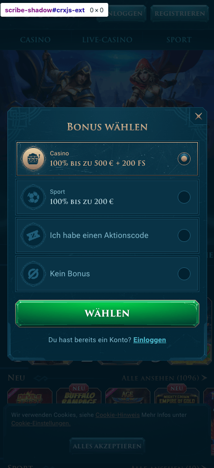 Slotuna Casino Anmeldeformular mit Auswahl von Casino Bonus, Sportwetten Bonus, Aktionscode oder keinem Bonus