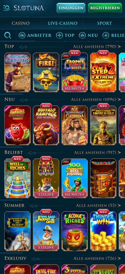 Slotuna Casino Spiellobby mit Spielkategorien und top Spielen
