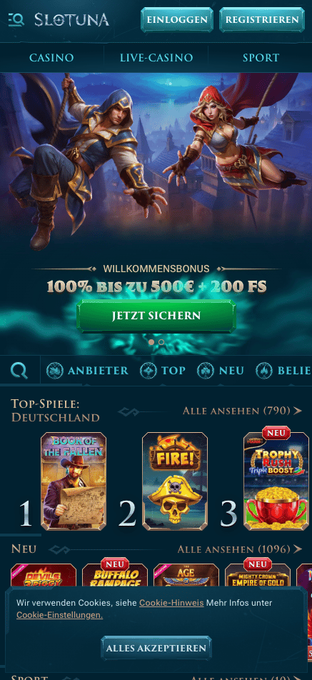 Startseite des Slotuna Casinos mit Bonusbanner, Anmeldebutton, Spielkategorien und Casinobereichen