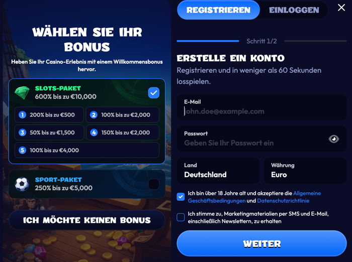 Anmeldeformular im Smash Casino