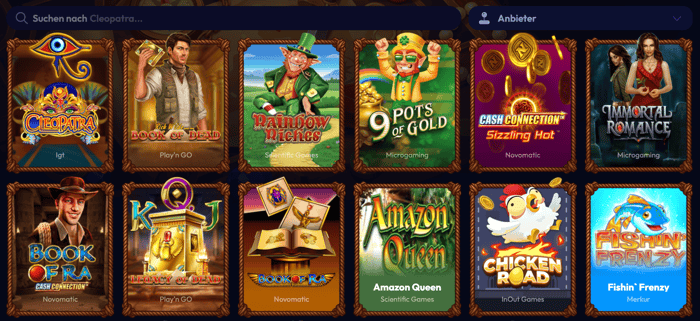 Spiellobby im Smash Casino zeigt Spiele wie Book of Dead und Immortal Romance neben Anbieterfilter und Suchleiste