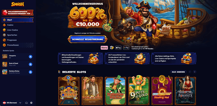 Startseite im Smash Casino zeigt Willkommensbonus, beliebte Spiele und Menü