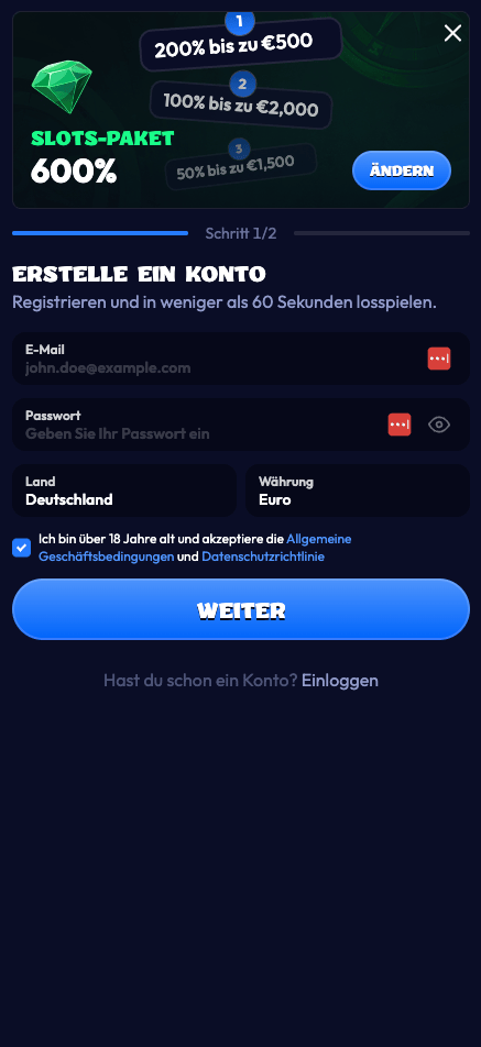 Anmeldeformular im Smash Casino
