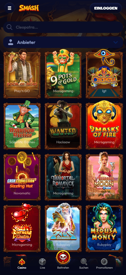Spiellobby im Smash Casino zeigt Spiele wie Book of Dead neben Anbieterfilter und Suchleiste