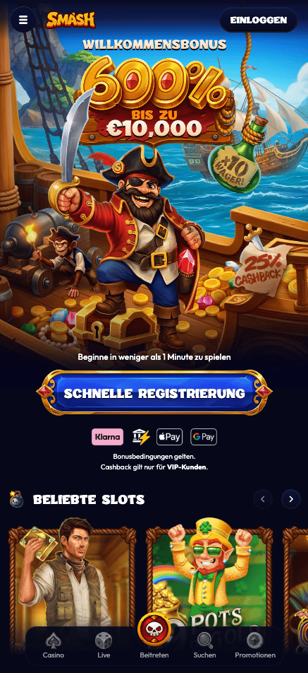 Startseite im Smash Casino zeigt Willkommensbonus, beliebte Spiele und Willkommensbonus