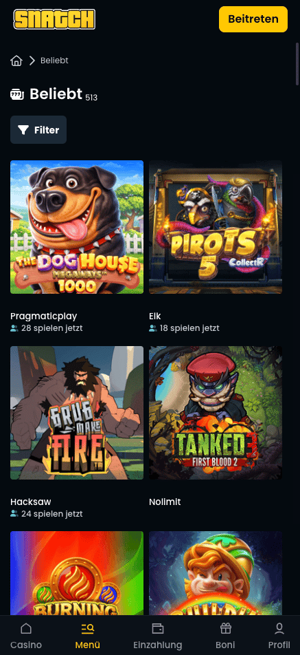 Snatch Casino Spielauswahl