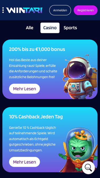Wintari Casino Screenshot mit der Auswahl der Casino Boni.