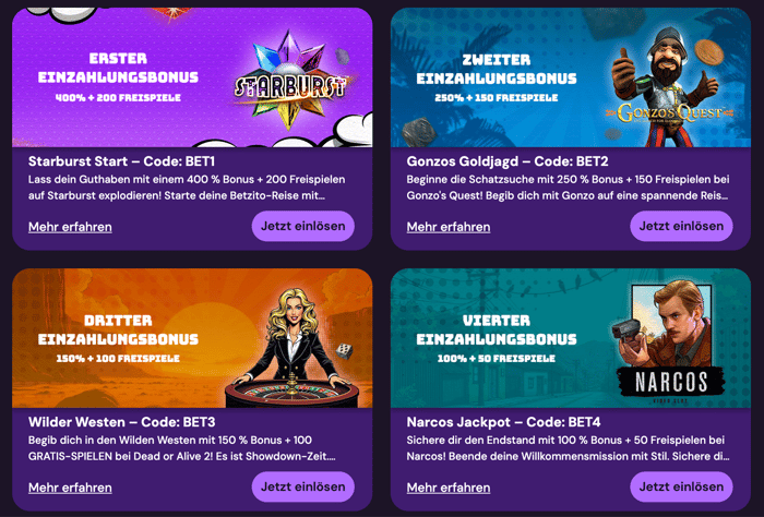 Willkommensbonuspaket im Sofort Casino Betzito bis zu 5000 Euro und 500 Freispiele