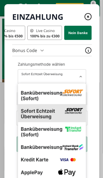 Auswahl der Zahlungsmethode Sofort im Online Casino Sofortüberweisung