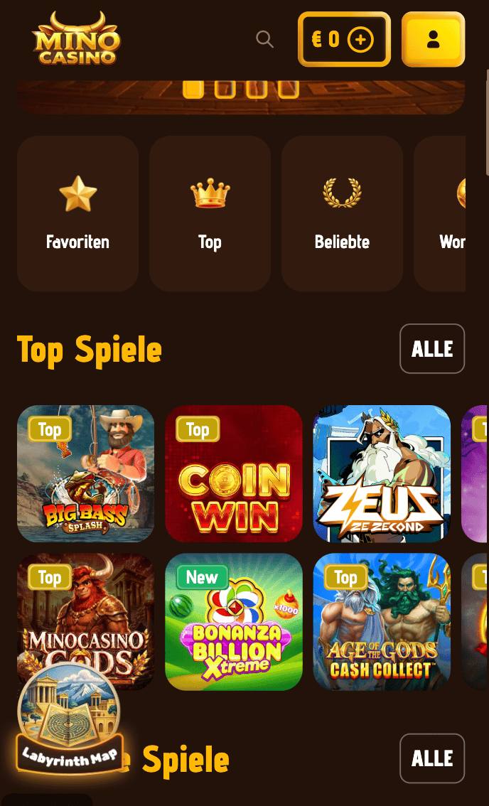 Spielauswahl im Sofort Casino Mino