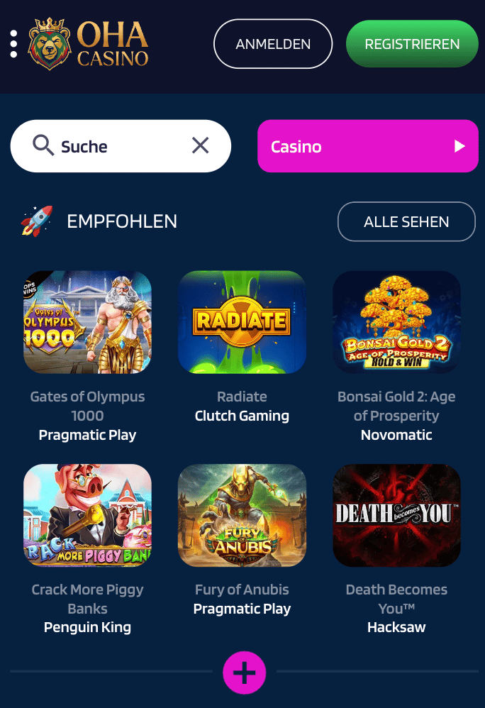 Spielauswahl im Casino mit Sofortüberweisung Oha