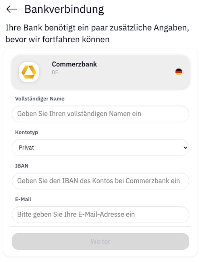 Eingabe der Bankdetails im Casino mit Sofortüberweisung