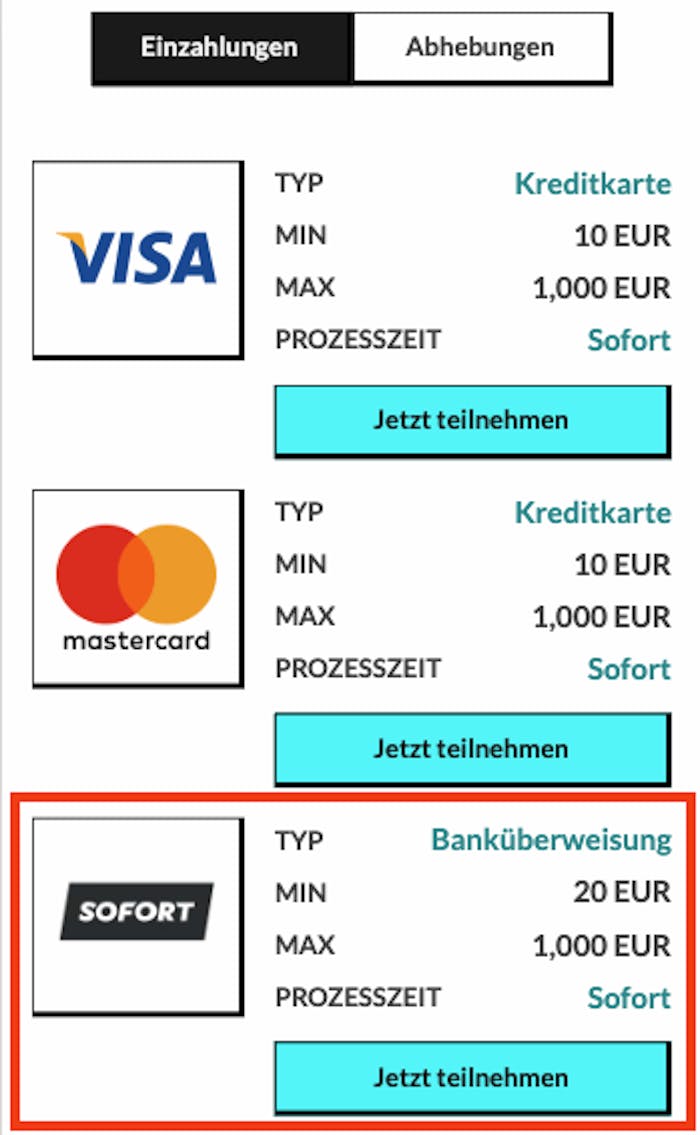 Auswahl der Zahlungsmethode Sofort im Online Casino Sofortüberweisung
