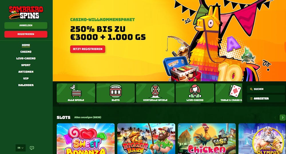 Startseite des Sombrero Spins Casinos zeigt Willkommenspaket neben Menü und Spielkategorien