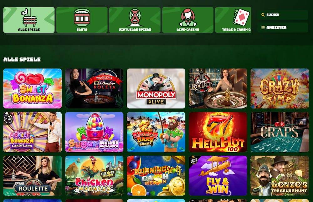 Spiellobby im Sombrero Spins Casino zeigt Spiele wie Sweet Bonanza neben anderen Spielkategorien