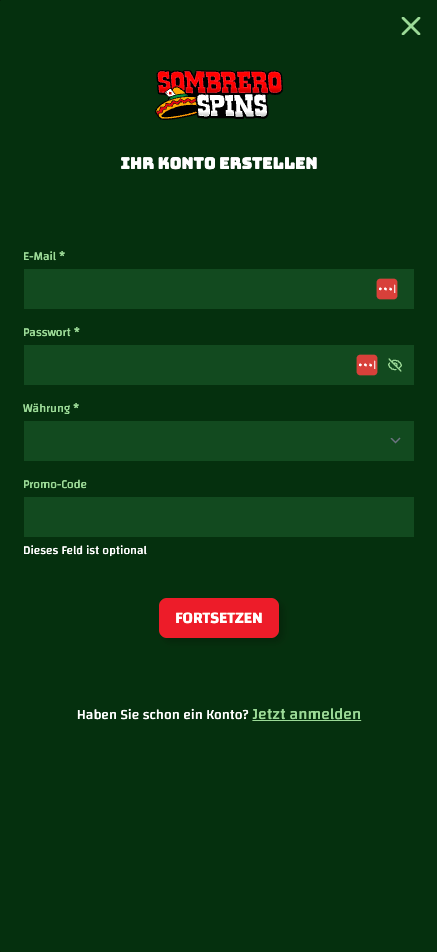 Anmeldeformular im Sombrero Spins Casino