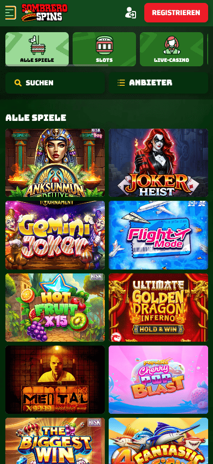 Spiellobby im Sombrero Spins Casino zeigt Spiele wie Joker Heist neben anderen Spielkategorien
