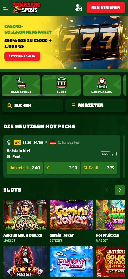 Startseite im Sombrero Spins Casino zeigt Willkommensbonus neben Hot Picks und Slotsauswahl