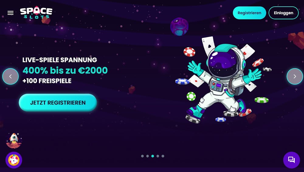 Screenshot vom Spaceslots Casino mit dem Willkommensangebot und dem 200 % Bonus.