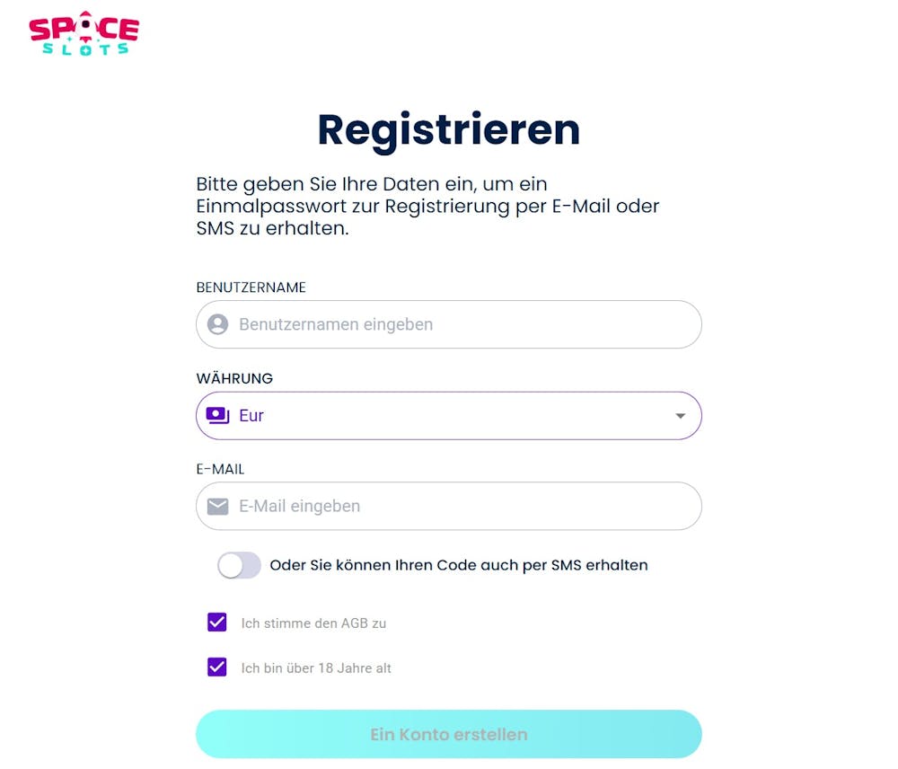 Spaceslots Casino Screenshot mit der Anmeldeseite zum Eingeben der Daten.