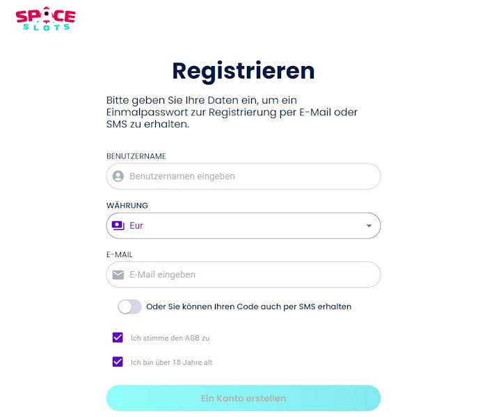 Spaceslots Casino Screenshot mit der Anmeldeseite zum Eingeben der Daten.