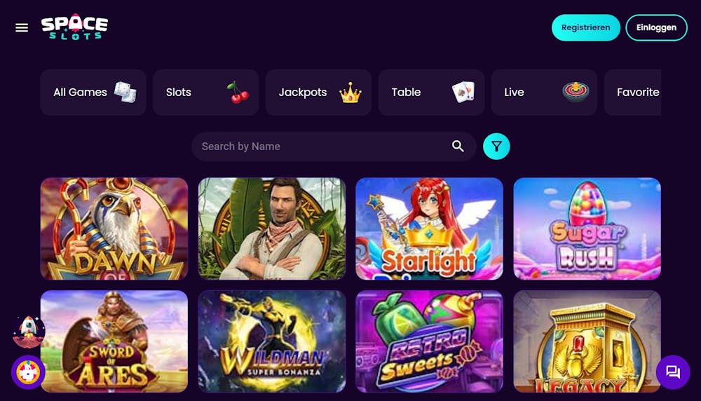 Spaceslots Casino Screenshot mit der Slot Auswahl.