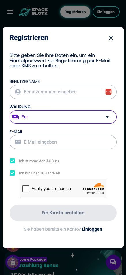 Anmeldeformular im Space Slotz Casino