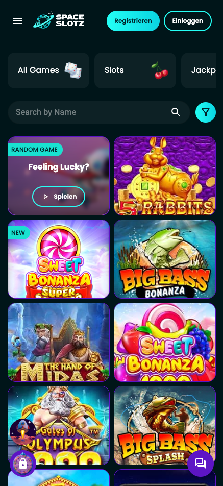Spiellobby im Space Slotz Casino zeigt Spiele wie Big Bass Bonanza neben anderen Spielkategorien