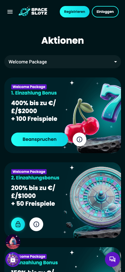Startseite im Space Slotz Casino zeigt Willkommensbonus