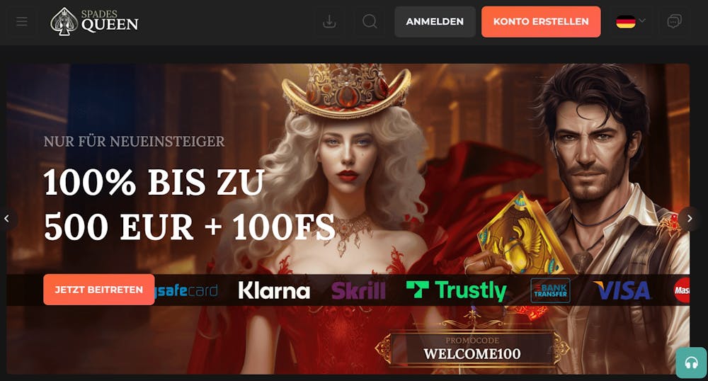 Die Homepage von Spades Queen, mit einer Beschreibung über den Willkommensbonus von 100% bis zu 500 EUR + 100 FS