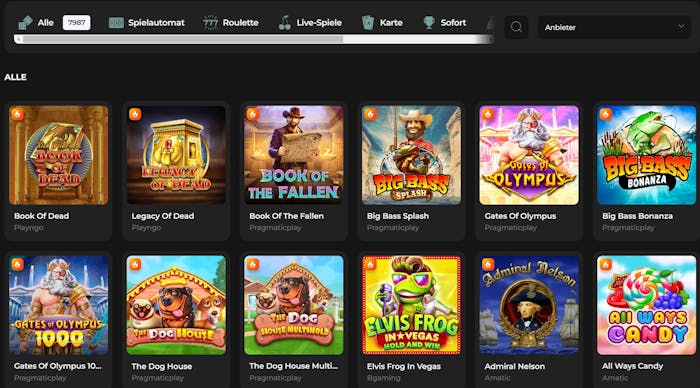 Ansicht über verschiedene Online Casino Spiele bei Spades Queen