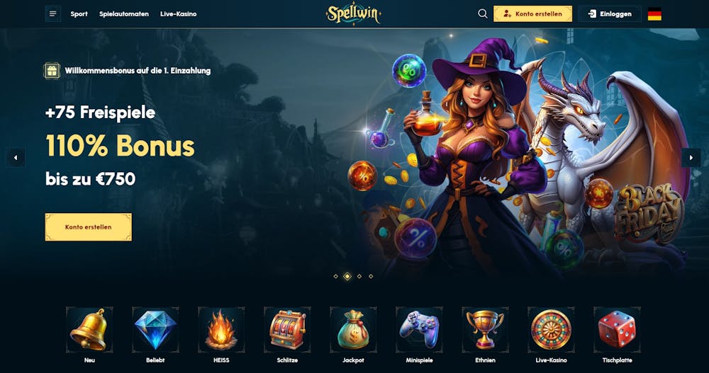 Die Homepage bei SpellWin Casino, mit einer Beschreibung über den Willkommensbonus von 110 % bis zu 750 €