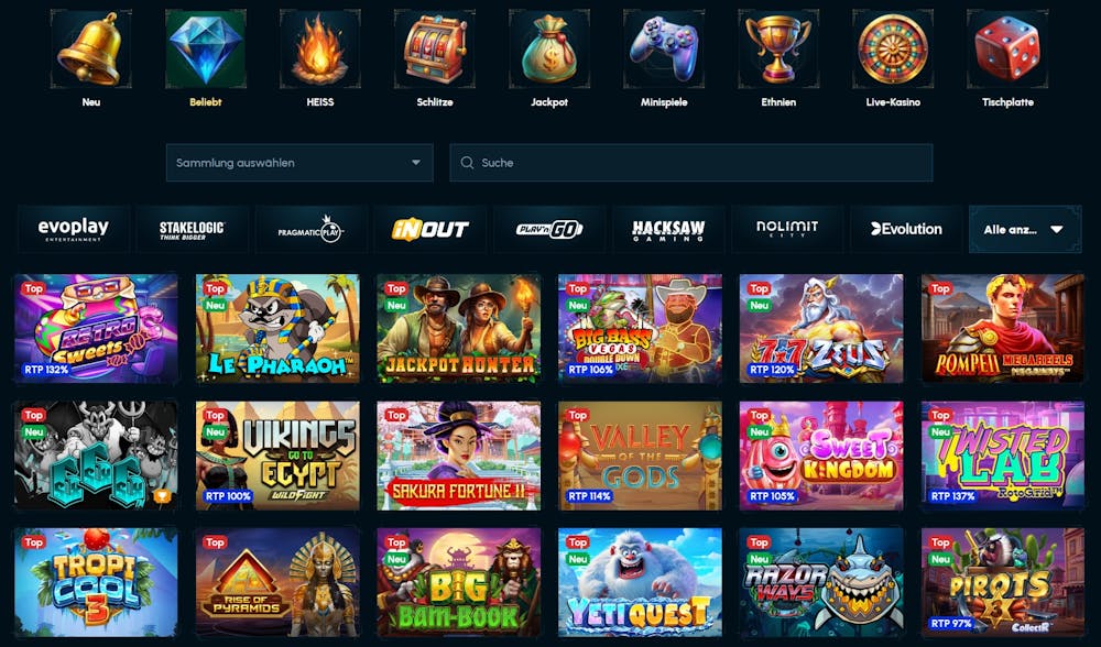 Eine Übersicht an verschiedenen Slots bei Spellwin Casino, mit Titeln wie Yeti Quest und Razor Shark