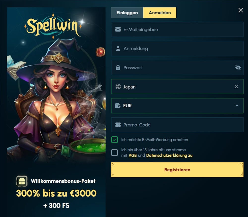 Das Registrierungsformular bei Spellwin Casino