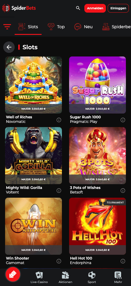 Spiellobby im Spiderbets Casino zeigt Spiele wie Well of Riches neben anderen Spielkategorien