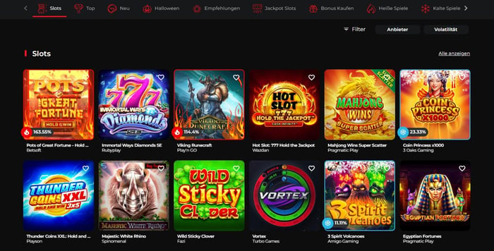 Spiellobby im Spiderbets Casino zeigt Slots wie Thunder Coins neben anderen Spielkategorien