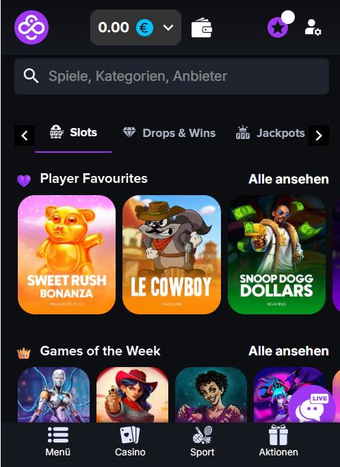 Spiellobby im CoinCasino zeigt Spiele wie Sweet Rush Bonanza neben anderen Spielkategorien