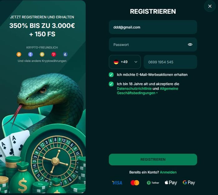 Anmeldeformular im Spinaconda Casino