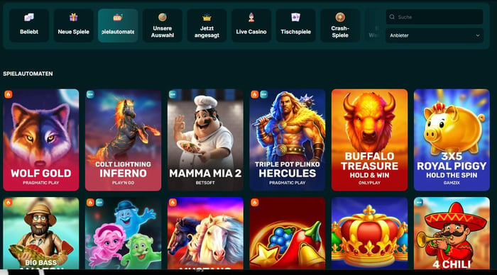 Spiellobby im Spinaconda Casino zeigt Spiele wie Wolf Gold neben anderen Spielkategorien