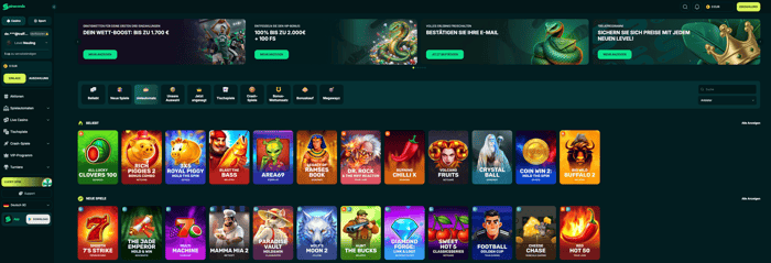 Startseite im Spinaconda Casino zeigt Menü, Promotionen und Spielkategorien